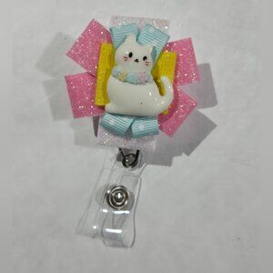 White Cat Badge Reel Cat Lady Vet Medical ID Lanyard Name Tag Holder Nurse OOAK